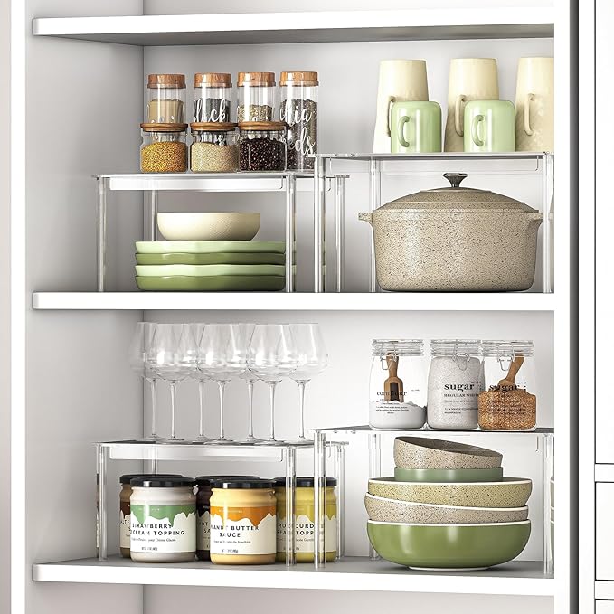 4 Pack Lazy Susan Organizer, Clear Lazy Susan Turntable, Set of 4 Acrylic Cabinet Organizer Shelf, Stackable Cabinet Riser fo