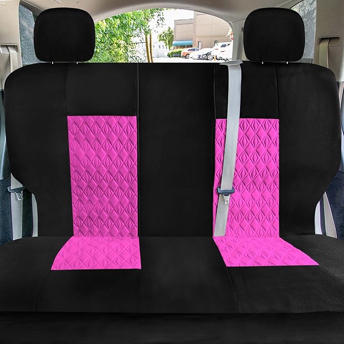 Universal Fit Diamond Stitched Flat Cloth Car Seat Covers Full Set - Pink