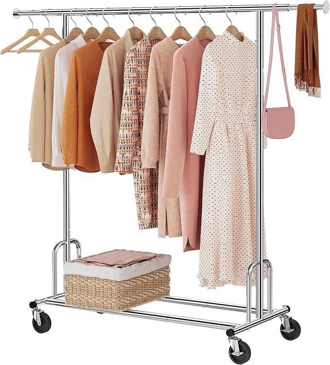 Tajsoon Heavy Duty Clothes Rack Foldable Garment Rack with Wheels and Extendable Rod, Freestanding Clothing Rack for Hanging 