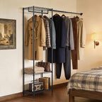MZG Heavy Duty Rolling Garment Rack 3 Tiers Adjustable Wire Shelving Clothes Rack with 2 Rods Storage Closet Clothing Rack Bl