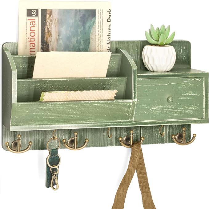 Rebee Vision Farmhouse Key Holder Wall Mount with Mail Sorter - Stylish Mail Organizer with Key Hooks and Drawer Organizer fo