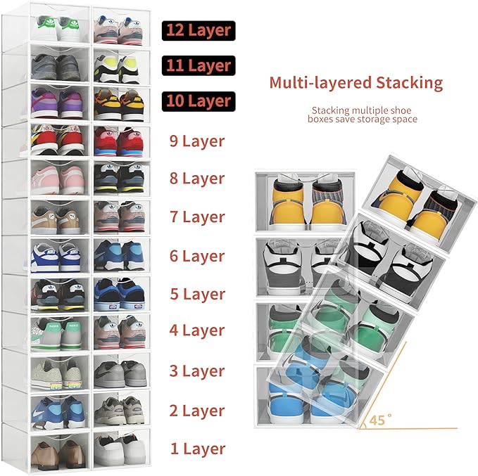 Seseno 12 Pack Shoe Storage Bins, Clear Plastic Stackable Shoe Organizer for Closet, Space Saving Foldable Shoe Rack, Shoe Bo
