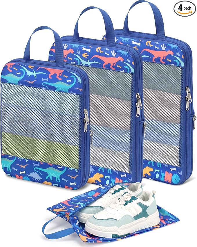 Kids Compression Packing Cubes, 4 Piece Set for Carry On Suitcase, Water Resistant Travel Luggage Organizers with Shoe Bag, T