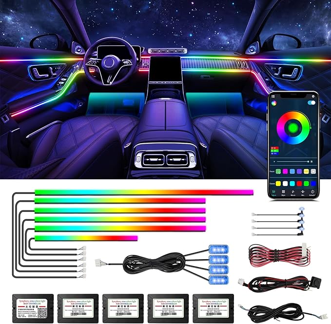 Dreamcolor Acrylic Interior Car LED Strip Light with Wireless APP Control, RGB 14-in-1 Ambient Lighting Kit with Music Sync, Dynamic Color Chasing Neon Light Kits for Car Interior