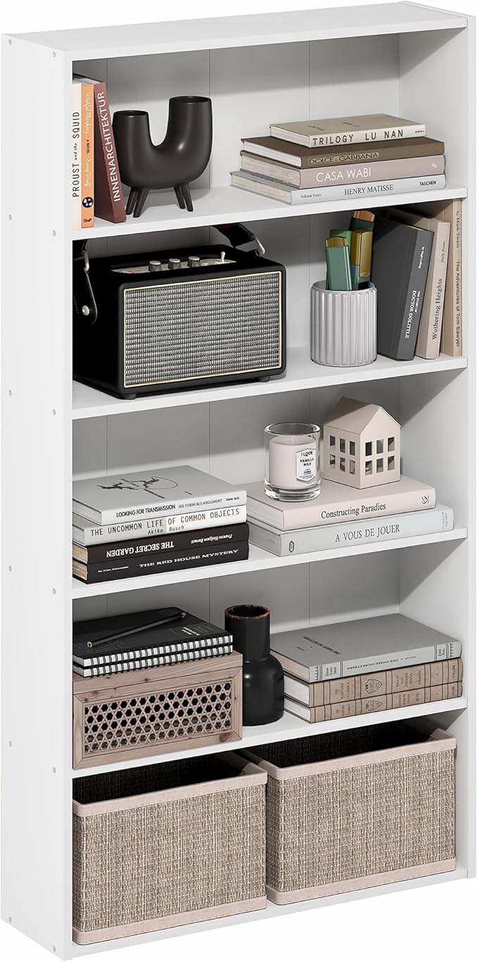 Furinno Basic Book Shelf, 5-Tier Bookshelf, Storage Organizer Bookcase with Open Shelf, 7 x 24 x 44, for Living Room, Bedroom