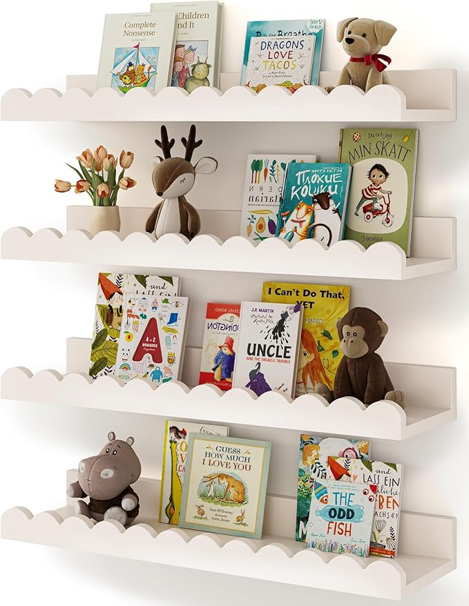 Shario Nursery Book Shelves, 4-Pack White Floating Shelves for Wall Kids, Scalloped Shelves, Wall Book Shelves for Bedroom Ki