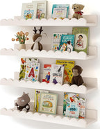 Shario Nursery Book Shelves, 4-Pack White Floating Shelves for Wall Kids, Scalloped Shelves, Wall Book Shelves for Bedroom Ki