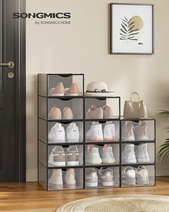 SONGMICS Shoe Boxes, Shoe Storage Organizers Rack for Closet, Plastic Stackable Sneaker Containers Case, 12 Pack, Transparent