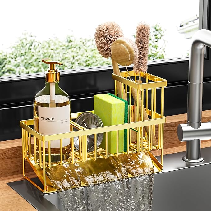 Cisily Gold Kitchen Sink Caddy Organzier with High Brush Holder, Sponge Holder for Sink, 304 Rustproof Stainless, Kitchen Cou
