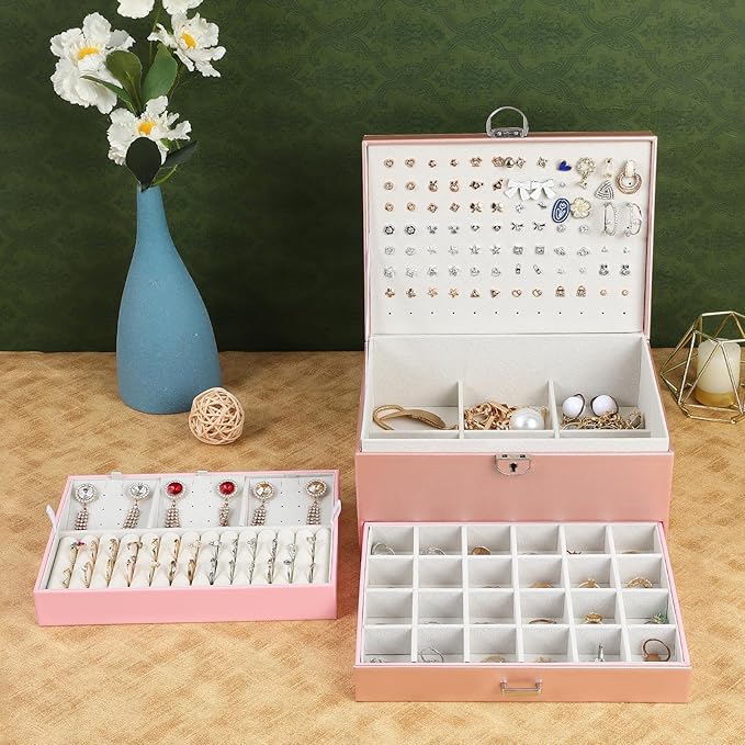 BOOVO Earring Jewelry Box For Women Girl Stud Organizer, 5 Layers Girl Jewelry Organizer Box With Lock Earring Holder Organiz