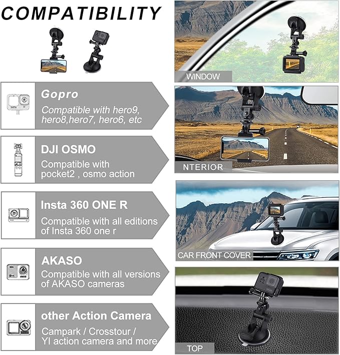 PULUZ Suction Cup Mount for Gopro Car Mount, Adjustable Vehicle Window & Windshield Mount Holder, Compatible with GoPro Hero 12 11 10 9 8 7/Insta360 X3 x2/DJI OSMO Action Camera Mount