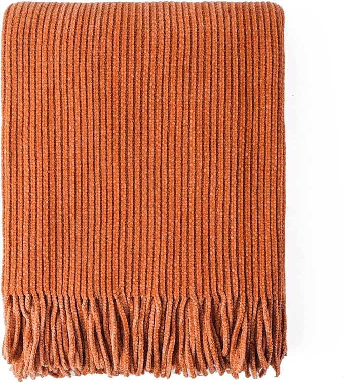 BATTILO HOME Rust Orange Throw Blanket for Couch, Soft Chenille Knit Throws with Tassels for Home Decor, Fall Caramel Throws 