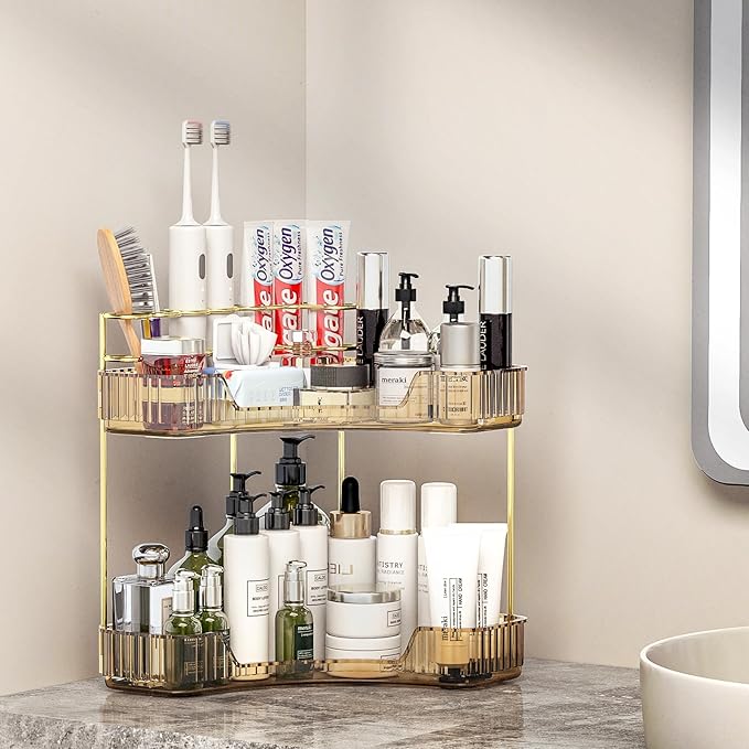 Corner Bathroom Counter Organizer with Top Toothbrush Holders, 2-Tier Make Up Organizers for Vanity with Brush Holder, Corner