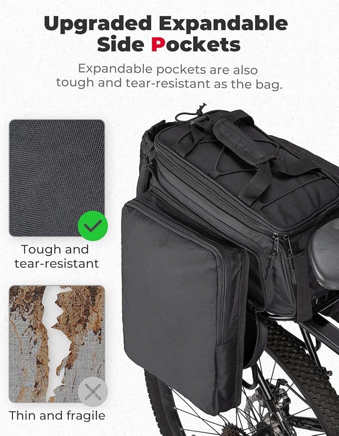 KEMIMOTO Bike Rear Rack Bag with Rain Cover, 15L Thickened Foldable Pockets Water Resistant Bicycle Bag, Bike Trunk Pannier for Commuter Cycling Trip Grocery Shopping, Black
