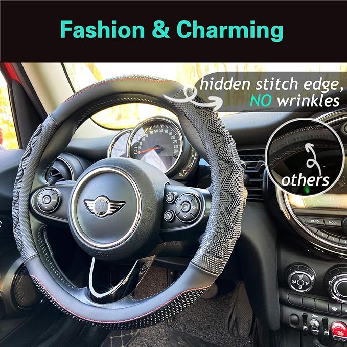 PINCTROT Large Size Steering Wheel Cover Great Grip with 3D Honeycomb Anti-Slip Design, 15.5-15.75 Inch (Black/Red Stitch)