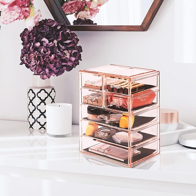 Sorbus Acrylic Makeup Organizer Set, 7-Drawer Vanity & Countertop Cosmetic Storage with Small & Wide Drawers, Pink Makeup Sto