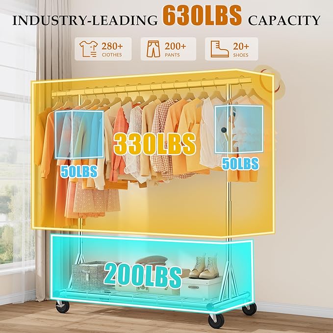 Gewudraw Heavy Duty Clothes Rack Load 630 lbs, Metal Rolling Clothing Rack With Sturdy Wheel And Shelves, Adjustable Portable
