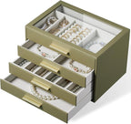 Jewelry Box Organizer Case for Women: 4-Layer Jewelry Storage Case with Glass Window, Olive Green Leather with Cream Velvet, 