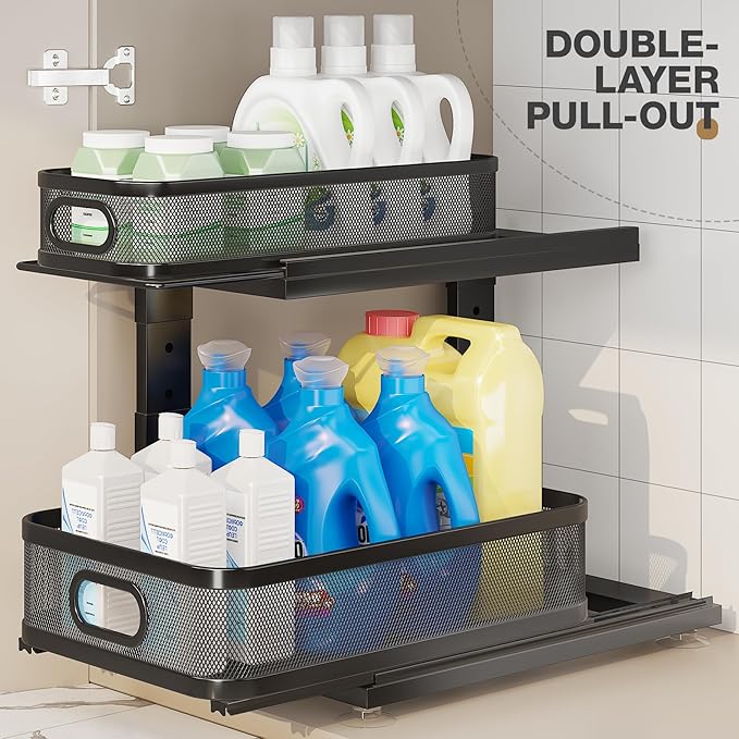 2 Pack Under Sink Organizer With Next-Gen Ball-Bearing Slides,2-Tier Precision Mesh Pull Out Cabinet Shelf Storage for Bathro
