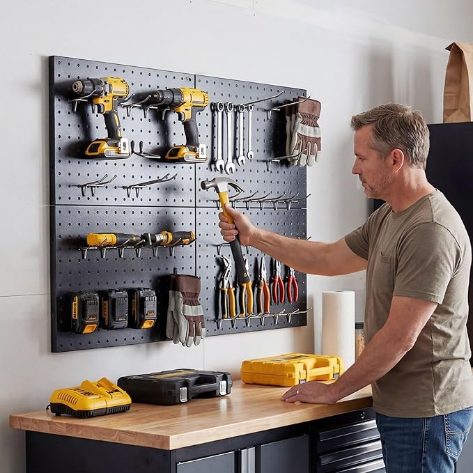 4 Pack Metal Pegboard Panels with 50 Hooks, Black Pegboard Wall Organizer, Pegboard Accessories, Heavy Duty Garage Tool Stora