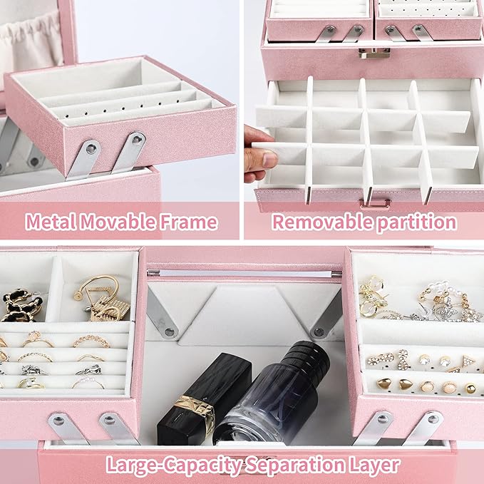 Dajasan Jewelry Boxes for Women Girls, Jewelry Storage Organizer, 4 Layers Large Jewelry Organizer Box with 2 Drawers for Fri