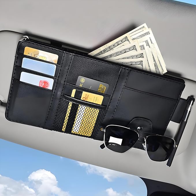 2 Pack Car Visor Organizer for Ford F150 2021-2025, Sun Visor Storage Pouch Premium PU Leather Interior Accessories Pocket Multi-Function Card Holder,Black