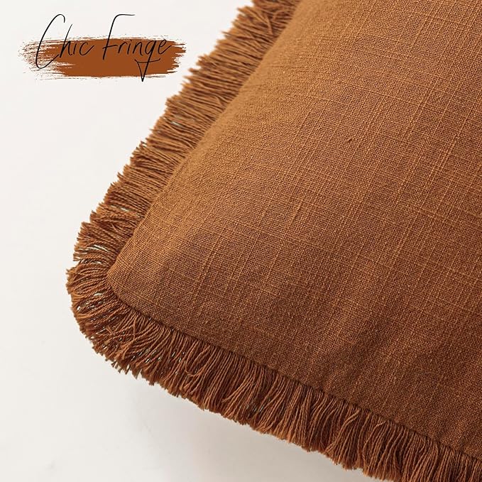 Foindtower Set of 2 Decorative Linen Fringe Lumbar Throw Pillow Covers Boho Farmhouse Cushion Cover with Tassels Soft Accent 