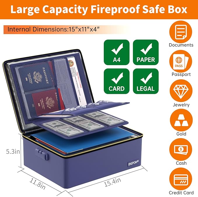 ENGPOW Fireproof Document Box, Hard Fireproof Box with Fireproof Zipper＆Lock, 6400°F Heat Insulated Fireproof Water Resistant