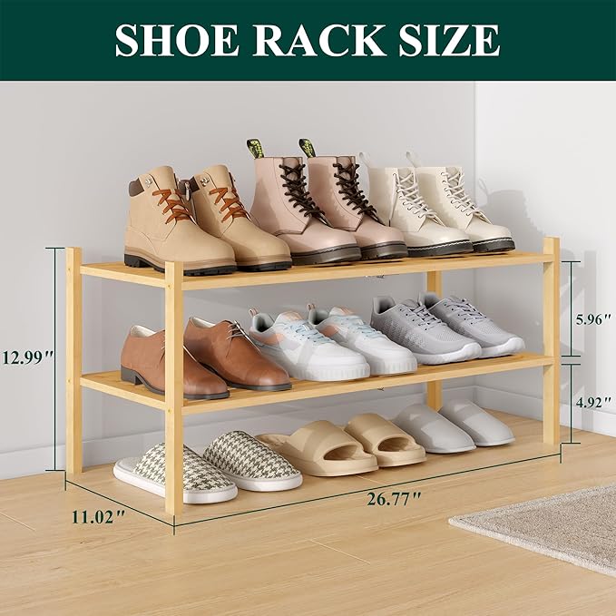 Smiry Bamboo Shoe Rack 2-Tier, Stackable Wooden Shoe Organizer for Entryway & Closet, Free Standing Wood Shoe Storage Shelf f