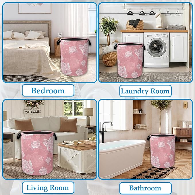 Pink Roses Large Storage Basket Collapsible Laundry Basket Oxford Storage Bin for Toy Bins Gift Baskets Bedroom Clothes Child