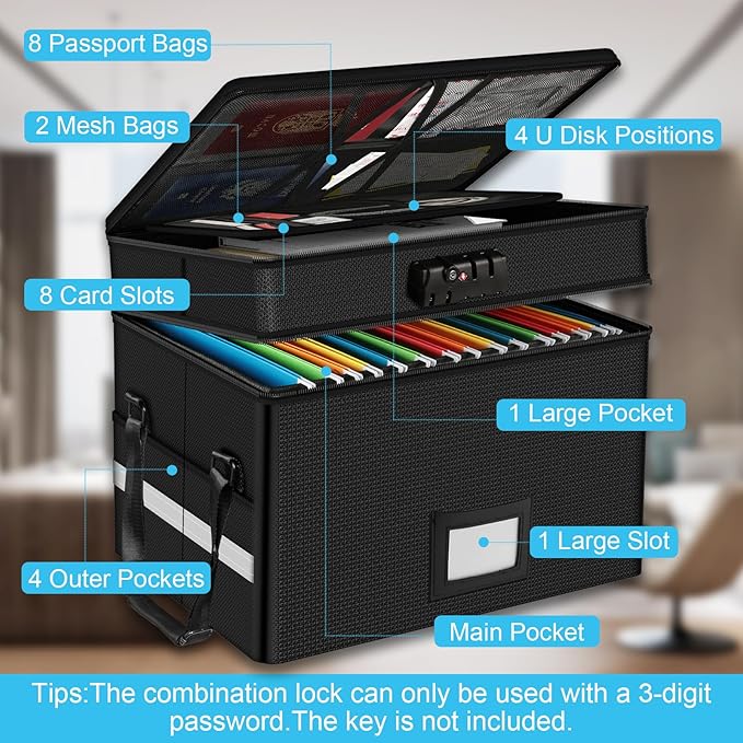 RHM Fireproof Document Box with Lock, 2 Layer Fire Proof File Box for Documents with Handle, Portable Home Office Fire Safe D