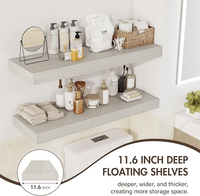 55 Inch Floating Shelves, 12" Deep Floating Shelf Wall Mounted, 55" Wall Shelves, Rustic Deep Bookshelf, Extra Deeper & Thick