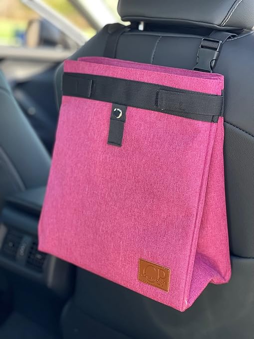 Car Trash Can Hanging for Headrest, Extra Large Waterproof Auto Garbage Bag Organizer, Collapsible Vehicle Waste Bin, Backseat and Side Door (Pink)