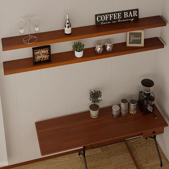 IEO Long Wooden Floating Shelves for Room Wall, Natural Wood Floating Shelves Wall Mounted Kitchen Shelf for Living Room, Bed