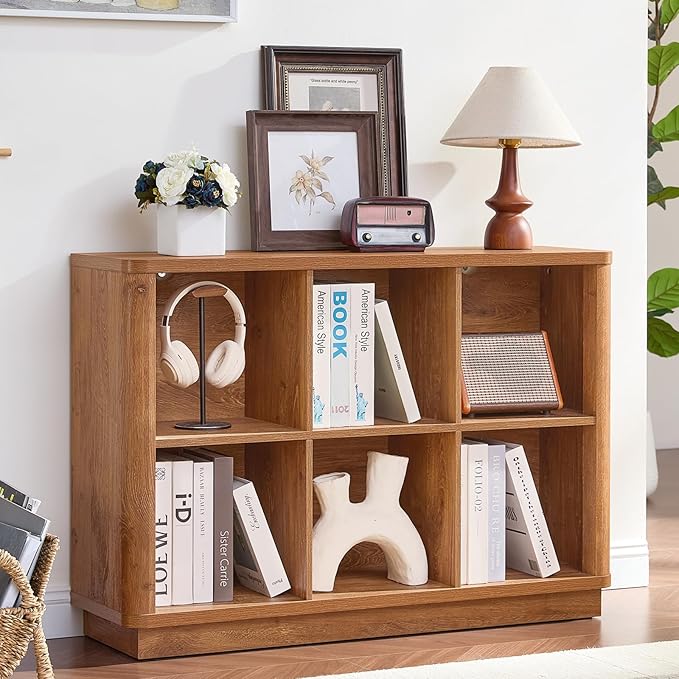 Joaxswe 6 Cube Storage Book Shelf, 40" Wide Low Horizontal Bookcase with Curved Edge, Floor Standing 2-Tier Wooden Bookshelf 