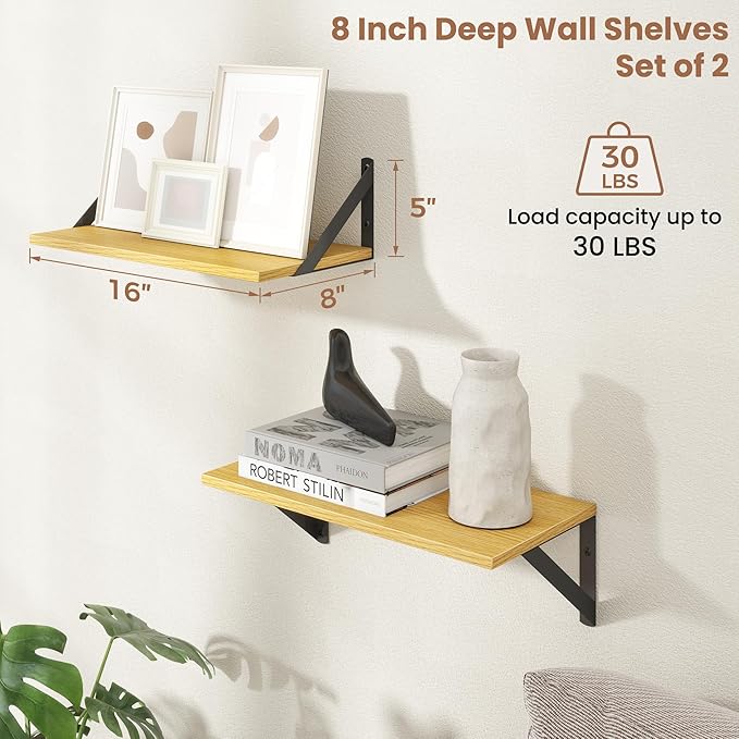 Axeman Floating Shelves | 8 Inch Deep Oak Wall Shelves Set of 2 | 16W x 8D Rustic Wood Shelves for Bookshelf Living Room Bedr