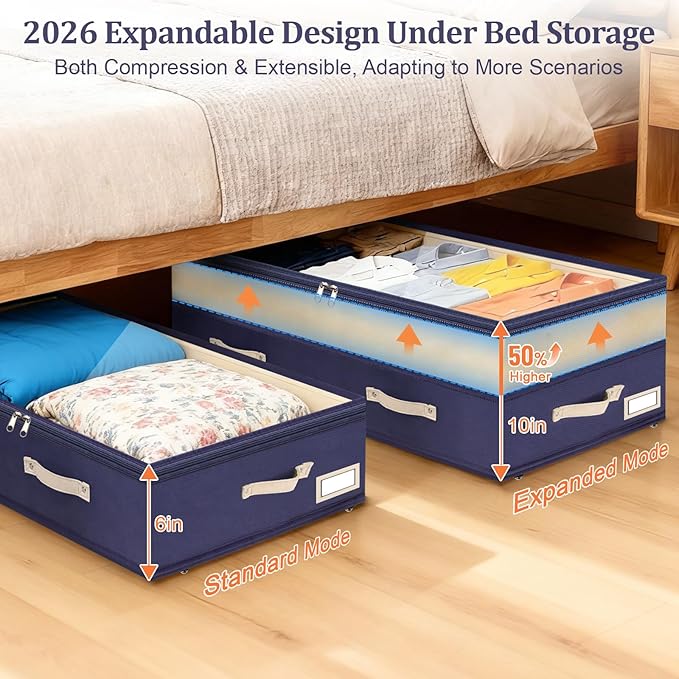 Dolicer 4 Pack Under Bed Storage with Wheels (Blue & Blue), 4 Pack 92L XXXL 6in-10in Height Adjustable Underbed Storage Conta
