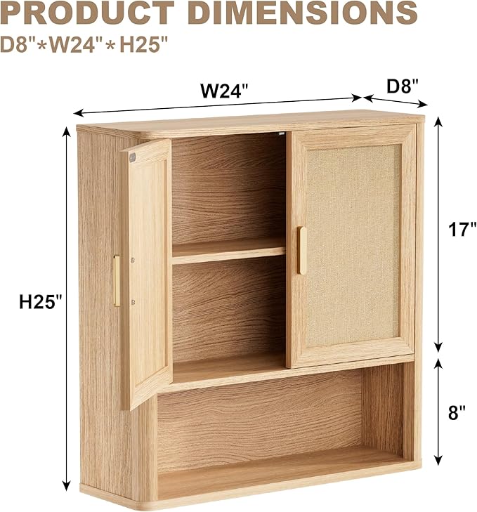 INNOD Rattan Bathroom Wall Cabinet with Open Compartments, Wall-Mounted Medicine Cabinet with Adjustable Wood Shelf & Doors, 