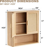 INNOD Rattan Bathroom Wall Cabinet with Open Compartments, Wall-Mounted Medicine Cabinet with Adjustable Wood Shelf & Doors, 