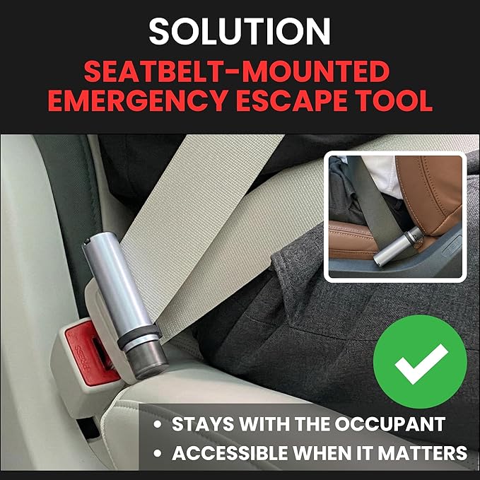 Car Emergency Escape Tool – Seatbelt-Mounted 2-in-1 Window Breaker & Seat Belt Cutter – Tungsten Safety Hammer – Universal Fi