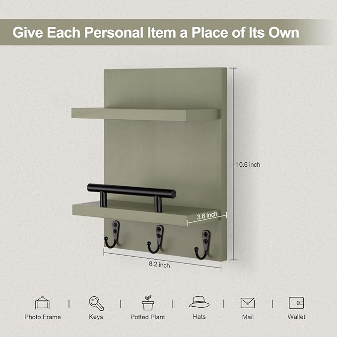 Key Holder Wall Mount, Mail Shelf Decor with 3 Key Hooks, Versatile Wood Wall Organizer for Entryway Hallway (8.2” x 10.6”x 3