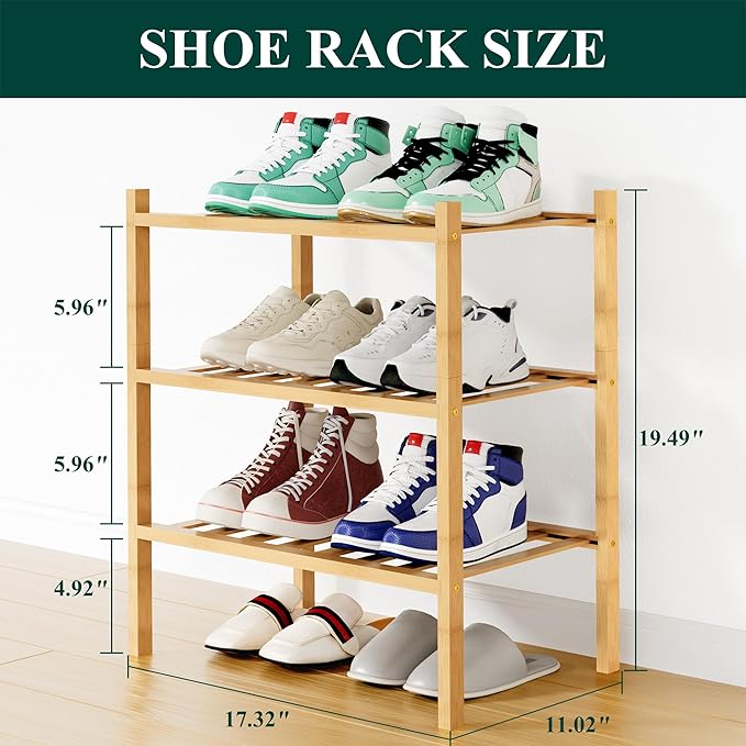 Smiry Shoe Rack, 3 Tier Small Bamboo Shoe Organizer, Stackable Free Standing Wooden Shoe Storage Shelf for Closet, Entryway, 