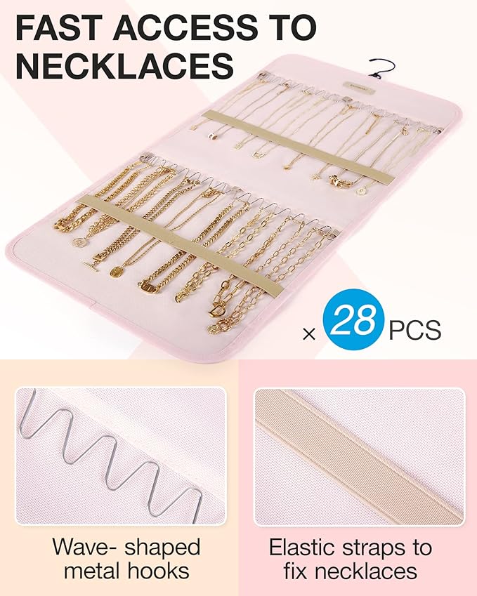 BAGSMART Hanging Jewelry Organizer Storage Roll with Hanger Metal Hooks Double-Sided Jewelry Holder for Earrings, Necklaces, 