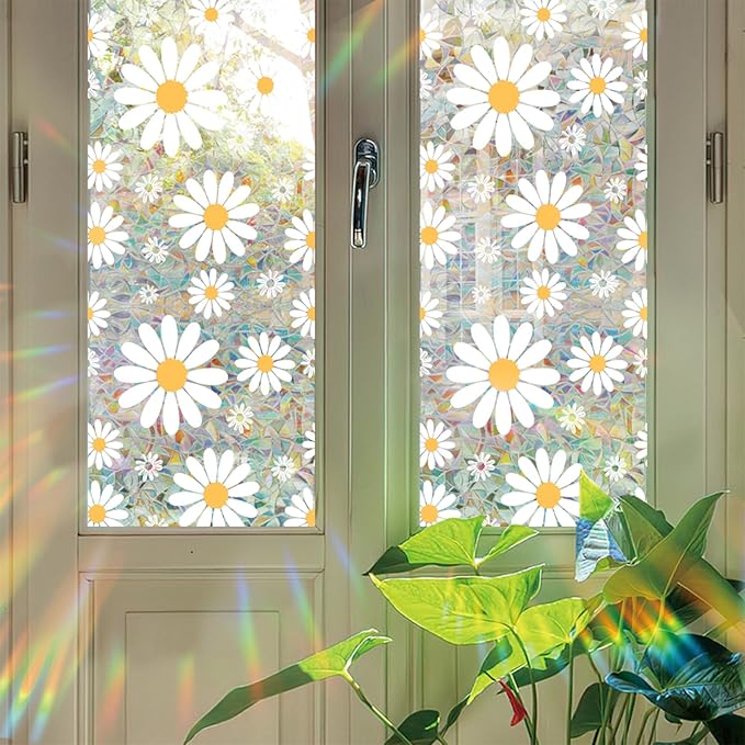 Niviy Window Privacy Film Daisy Flowers Stained Glass Window Film, Sun Blocking Glass Clings, Static Cling Rainbow Sticker Covering for Home Door (16.93 x 39.37inch)
