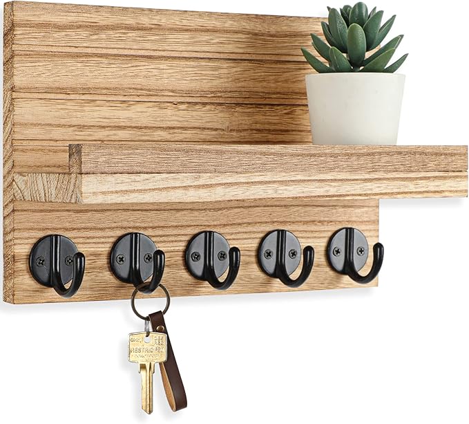Lwenki Key Holder for Wall, Decorative Key and Mail Holder with Shelf Has Large Key Hooks for Bags, Coats – Paulownia Wood Ke