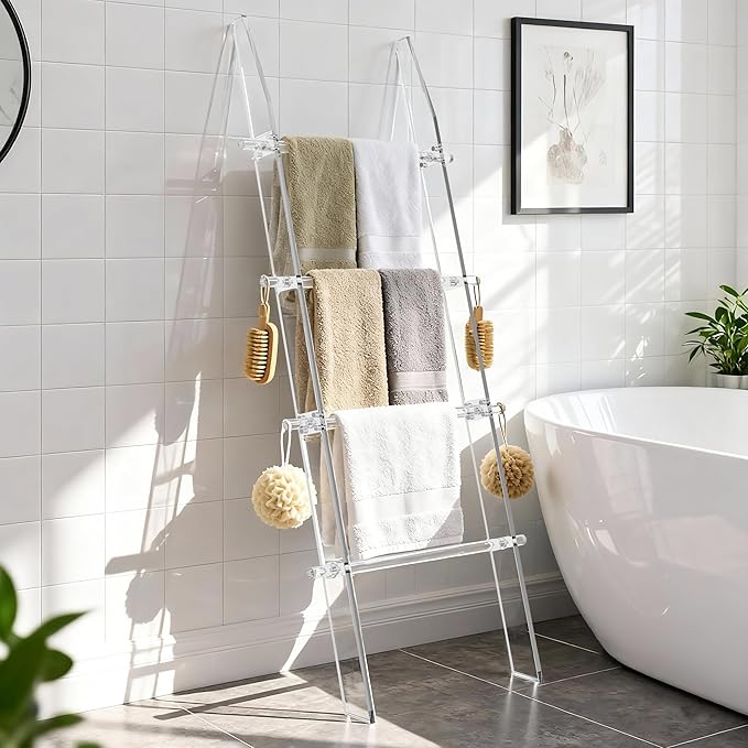 MESAILUP Blanket Ladder 5.6FT for Bathroom, 4 Tier Modern Decor Waterproof Blanket Holder for Living Room and Bedroom, Easy A