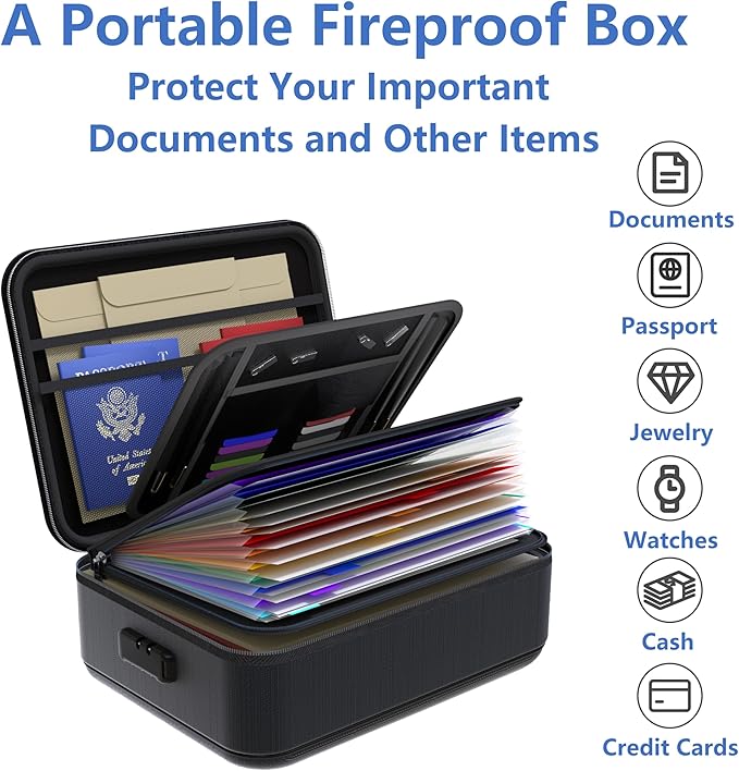 TIGERKING Fire Proof Document Safe Box with Lock and Handle – Fireproof Document Box Organizer with Hard Shell, Portable Fire
