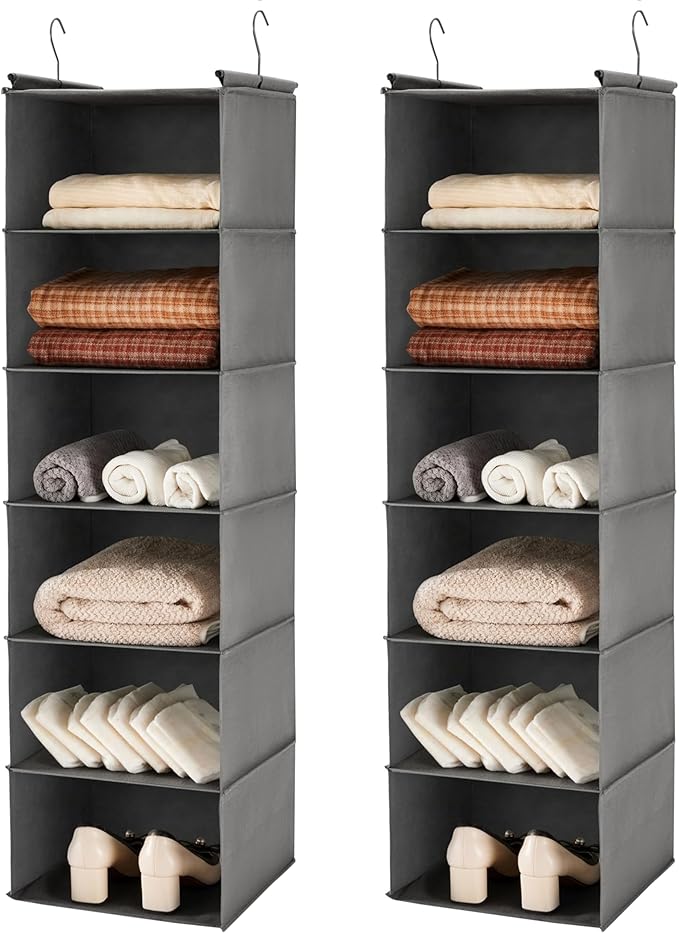 MAX Houser 6 Tier Shelf Hanging Closet Organizer, Closet Hanging Shelf with 2 Sturdy Hooks for Storage,2 Pack, Foldable (Grey