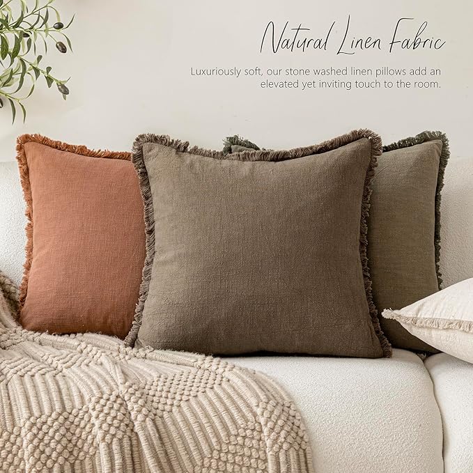Foindtower Set of 2 Decorative Linen Fringe Throw Pillow Covers Cozy Boho Farmhouse Cushion Cover with Tassels Soft Accent Pi