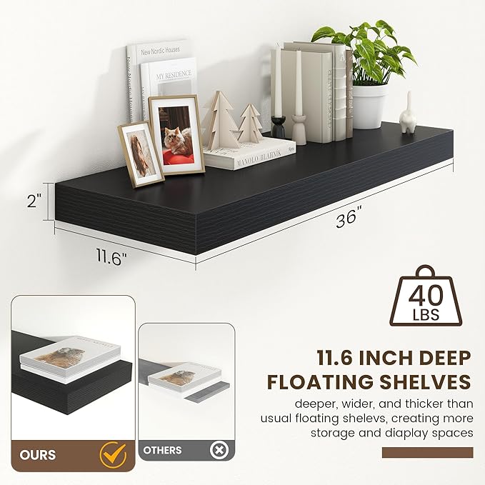 12 Inch Deep Floating Shelves | 36 Inch Black Floating Shelves | 36" W x 12" D Rustic Wood Shelves for Wall | Deep Black Shel
